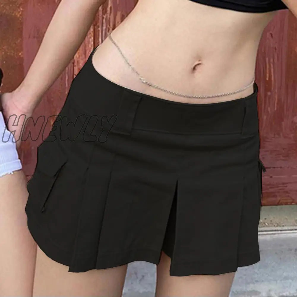 Hnewly Vintage Y2K Pleated Mini Skirt Women Fashion Low Waist Pocket Patchwork Solid Micro Summer