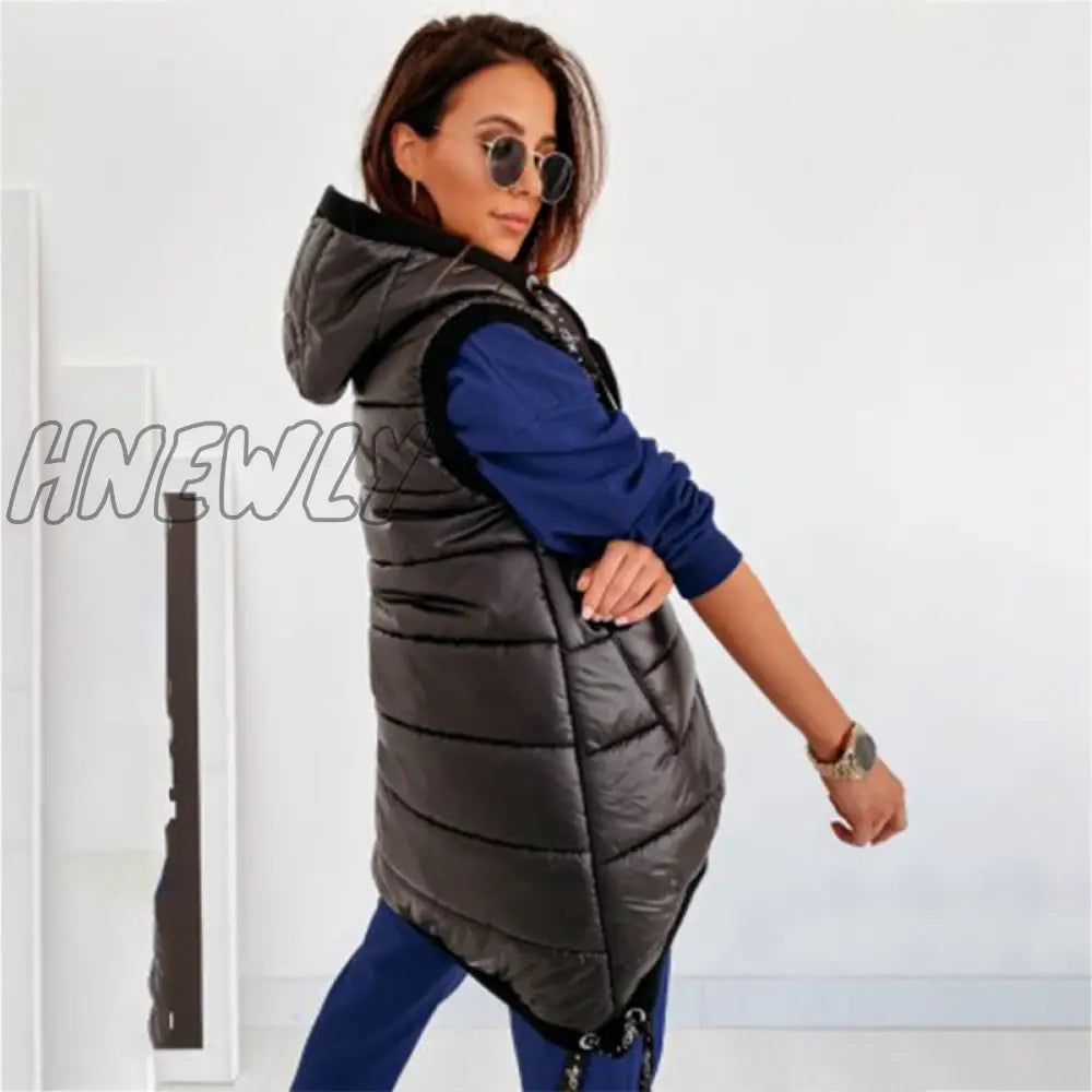 Hnewly Warm Women’s Long Vest Coat Jacket Hooded Autumn Winter Pockets Casual Ladies Sleeveless