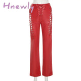 Hnewly Weird Puss Faux Pu Y2K High Waist Pants Women Chic Hollow Out Bandage Sexy Autumn Trend