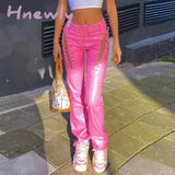 Hnewly Weird Puss Faux PU Y2K High Waist Pants Women Chic Hollow Out Bandage Sexy Autumn Trend Leather Club Trousers Slim Streetwear Preppy