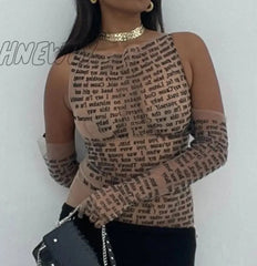 Hnewly Weird Puss Women Sexy Tank Top Letter Print Patchwork Elastic See Through Half Gloves