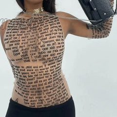 Hnewly Weird Puss Women Sexy Tank Top Letter Print Patchwork Elastic See Through Half Gloves