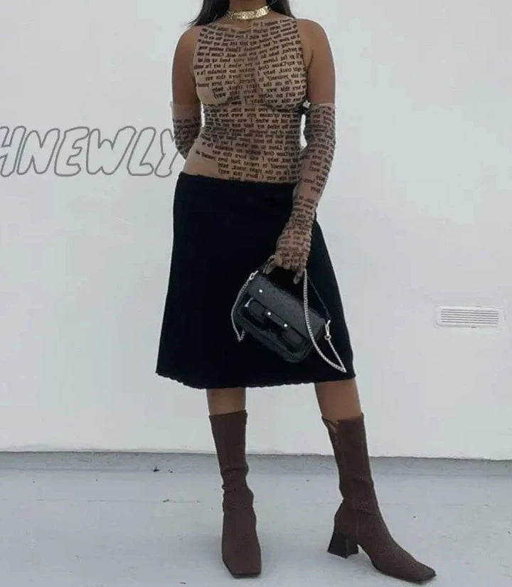 Hnewly Weird Puss Women Sexy Tank Top Letter Print Patchwork Elastic See Through Half Gloves