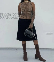 Hnewly Weird Puss Women Sexy Tank Top Letter Print Patchwork Elastic See Through Half Gloves