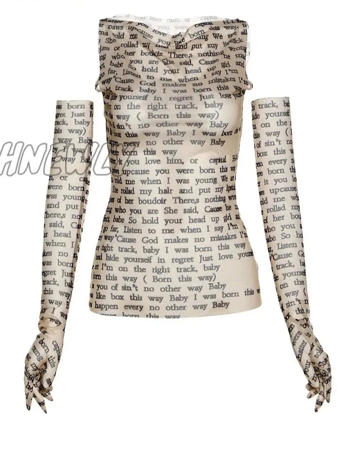 Hnewly Weird Puss Women Sexy Tank Top Letter Print Patchwork Elastic See Through Half Gloves