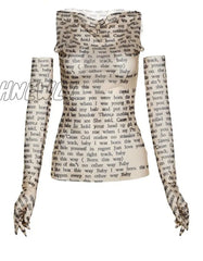 Hnewly Weird Puss Women Sexy Tank Top Letter Print Patchwork Elastic See Through Half Gloves