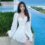 Hnewly White Dress Women Sexy Square Collar Low Cut Fashion Long Sleeve Corset Party Nightclub For
