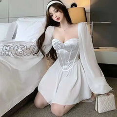 Hnewly White Dress Women Sexy Square Collar Low Cut Fashion Long Sleeve Corset Party Nightclub For