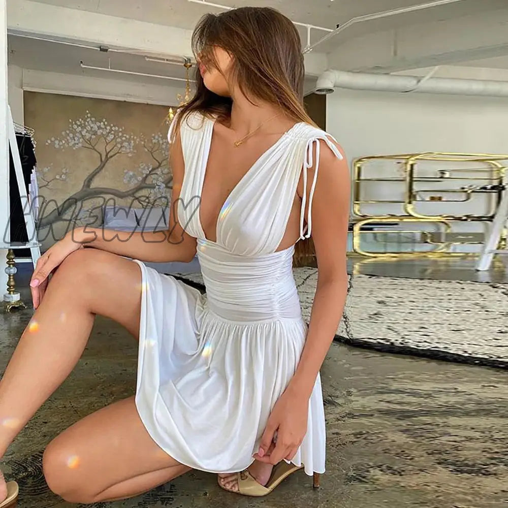 Hnewly White Elegant Pleated Plunge Deep V - Neck Sleeveless Dresses Evening Club Party Christmas