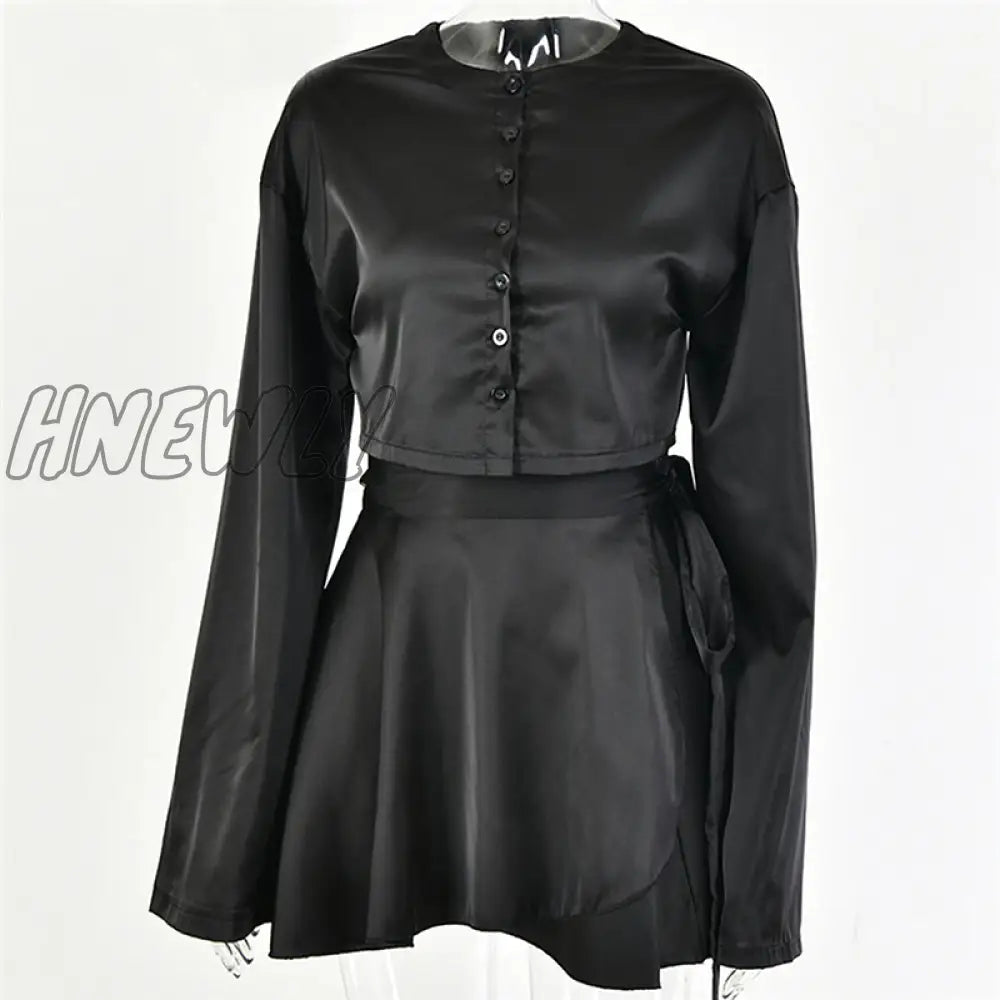 Hnewly White Elegant Satin 2 Two Piece Set Women Lantern Long Sleeves Crop Tops Cardigan Sexy High