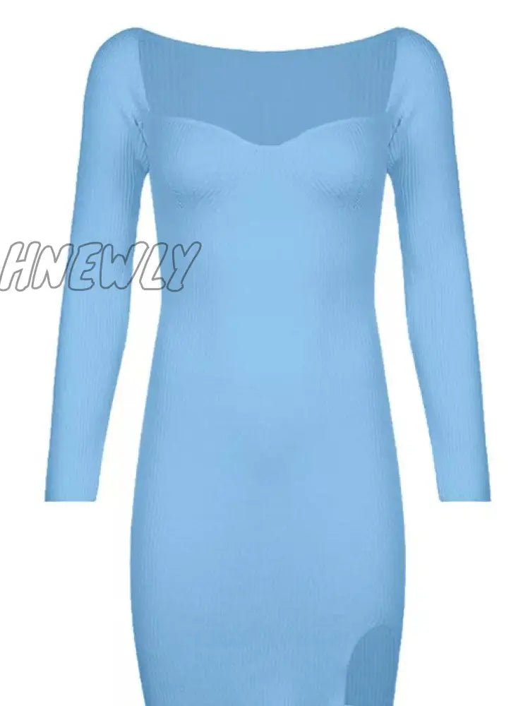 Hnewly White Knit Long Sleeve Basic Mini Dress For New Year Blue / S