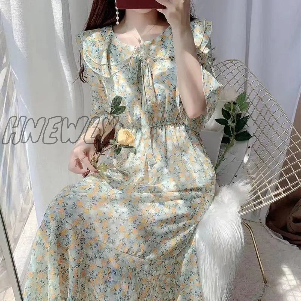 Hnewly White Lace Dress Women Square Neck Puff Sleeve Hook Flower Hollow Party Dresses Vestidos