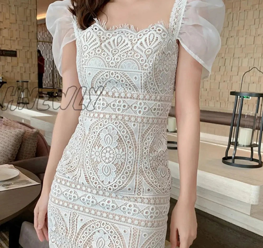 Hnewly White Lace Dress Women Square Neck Puff Sleeve Hook Flower Hollow Party Dresses Vestidos