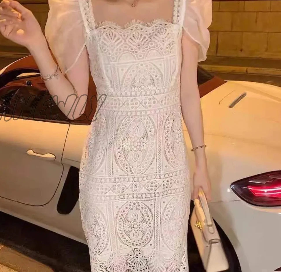 Hnewly White Lace Dress Women Square Neck Puff Sleeve Hook Flower Hollow Party Dresses Vestidos