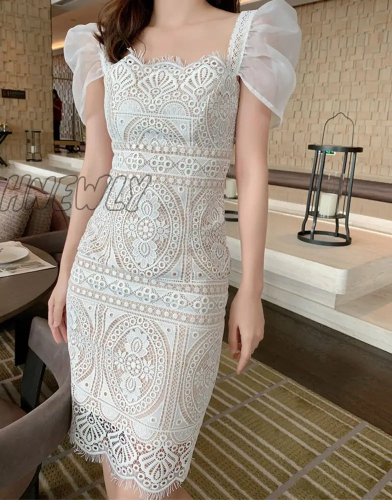 Hnewly White Lace Dress Women Square Neck Puff Sleeve Hook Flower Hollow Party Dresses Vestidos