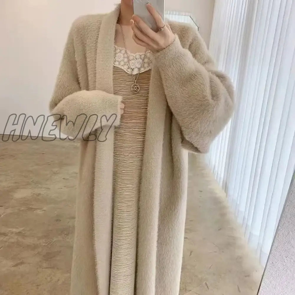 Hnewly White Long Cardigan For Women Winter Clothes Knitted Fluffy Long Sleeve Cashmere Sweater