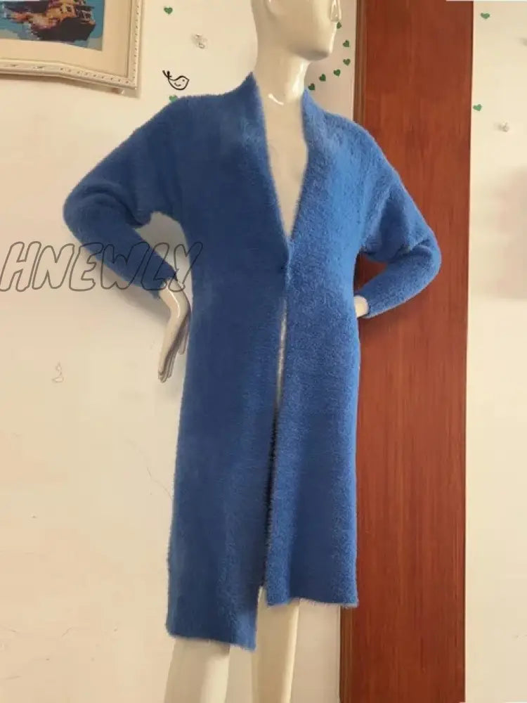 Hnewly White Long Cardigan For Women Winter Clothes Knitted Fluffy Long Sleeve Cashmere Sweater