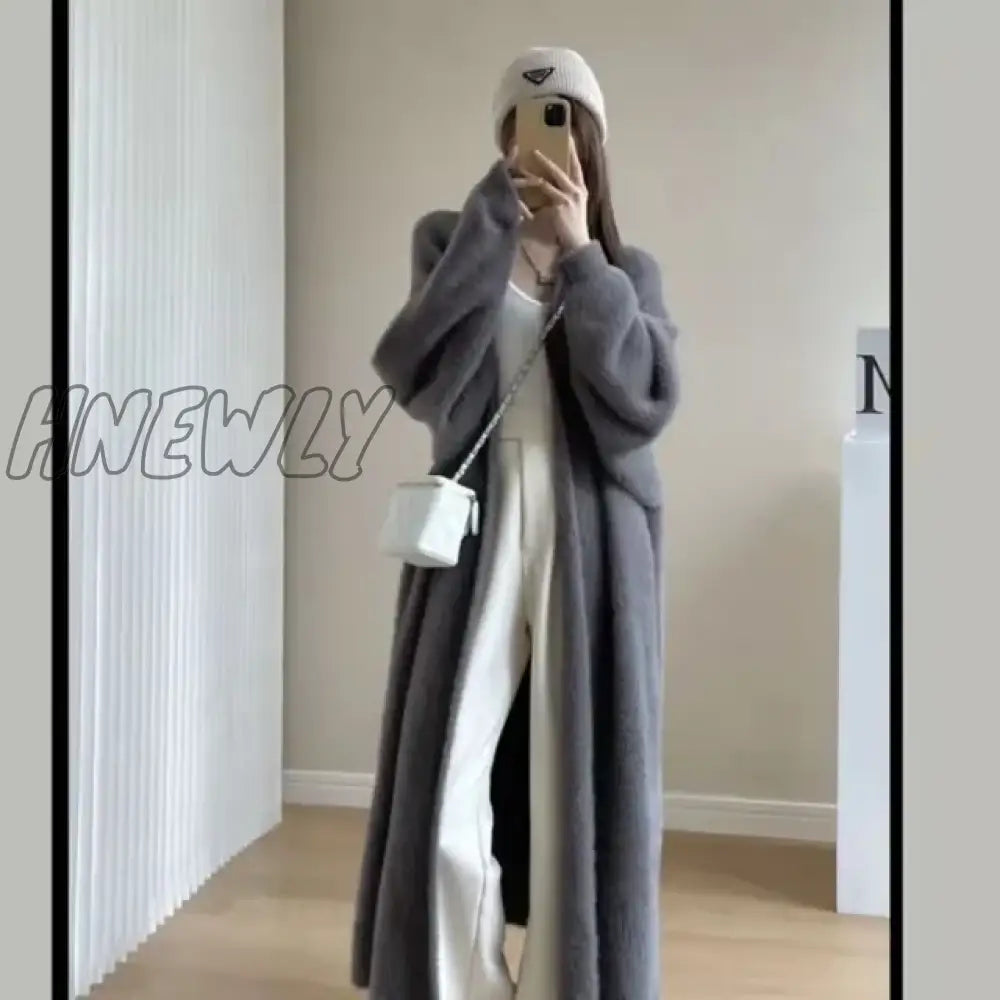 Hnewly White Long Cardigan For Women Winter Clothes Knitted Fluffy Long Sleeve Cashmere Sweater