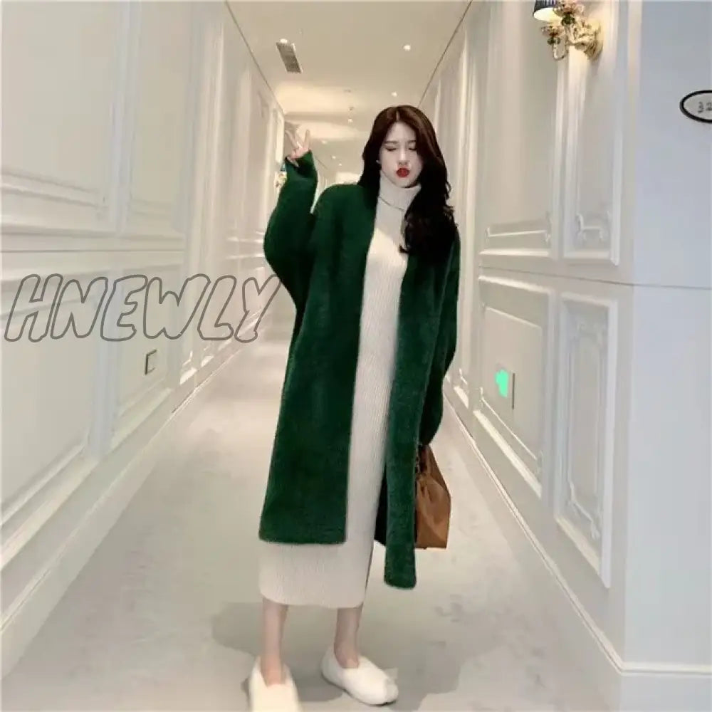 Hnewly White Long Cardigan For Women Winter Clothes Knitted Fluffy Long Sleeve Cashmere Sweater