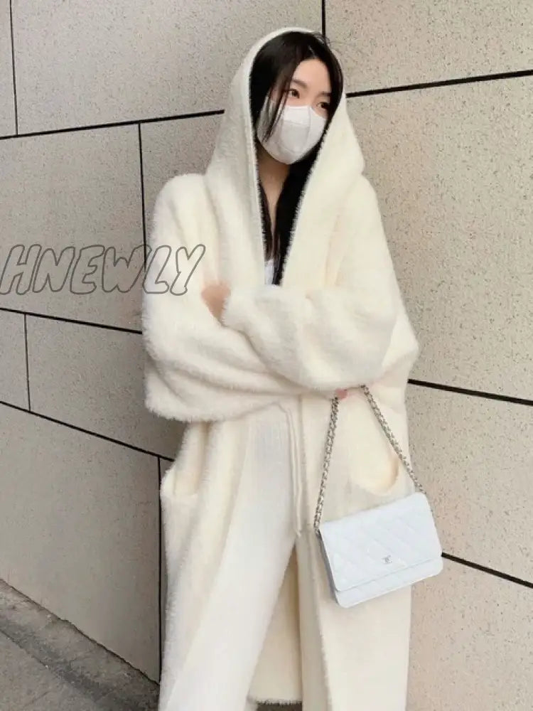 Hnewly White Long Cardigan For Women Winter Clothes Knitted Fluffy Long Sleeve Cashmere Sweater