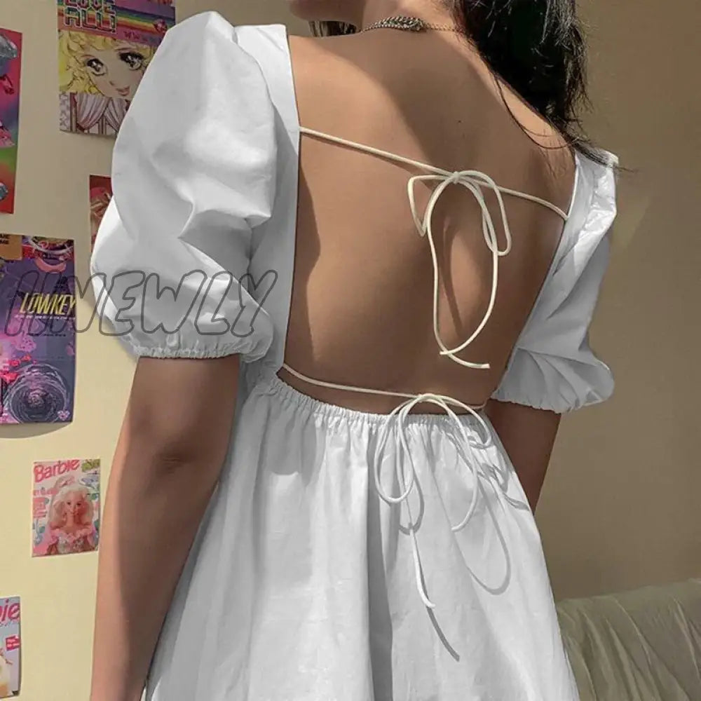 Hnewly White Loose Bandagedress Summer New Cute Puff Sleeve Mini Casual Dress Princess Sleeves
