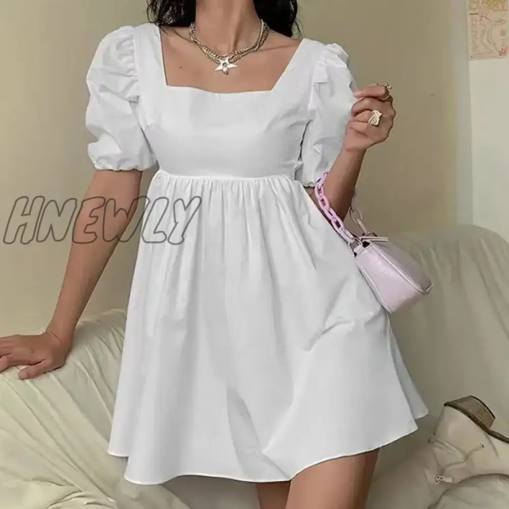Hnewly White Loose Bandagedress Summer New Cute Puff Sleeve Mini Casual Dress Princess Sleeves