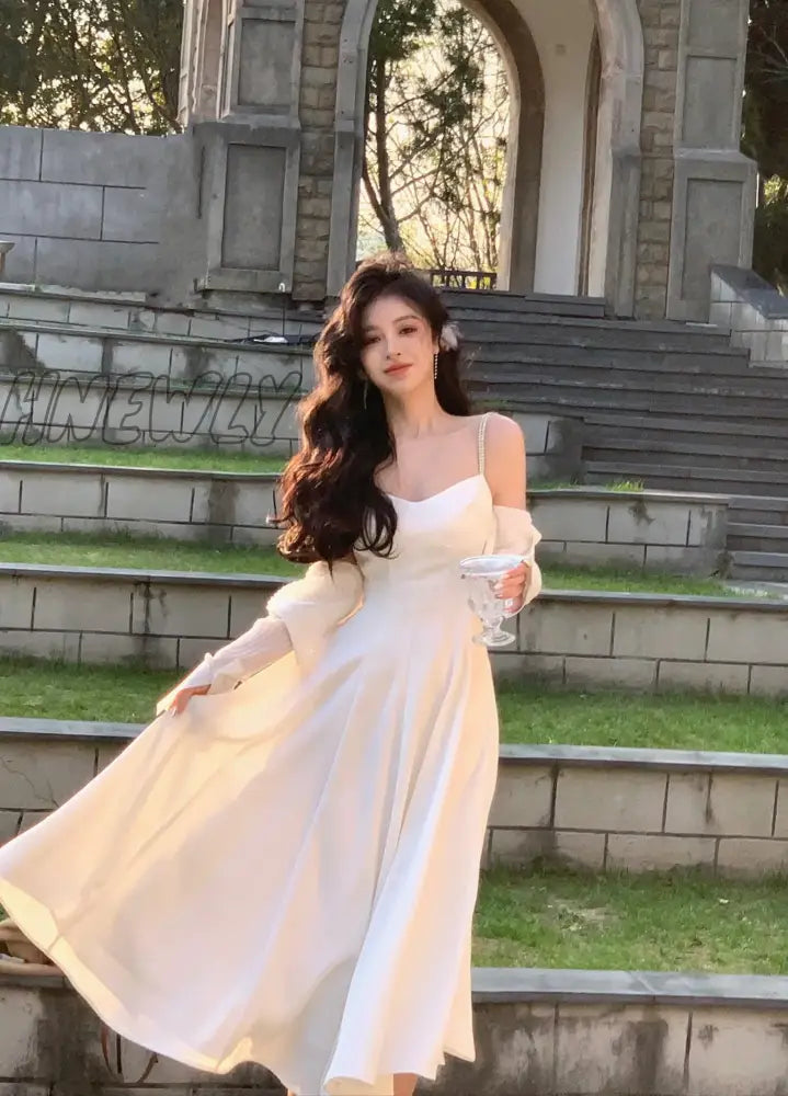 Hnewly White Satin Elegant Party Dresses For Women Summer Sexy V-Neck Birthday Vacation Clothes