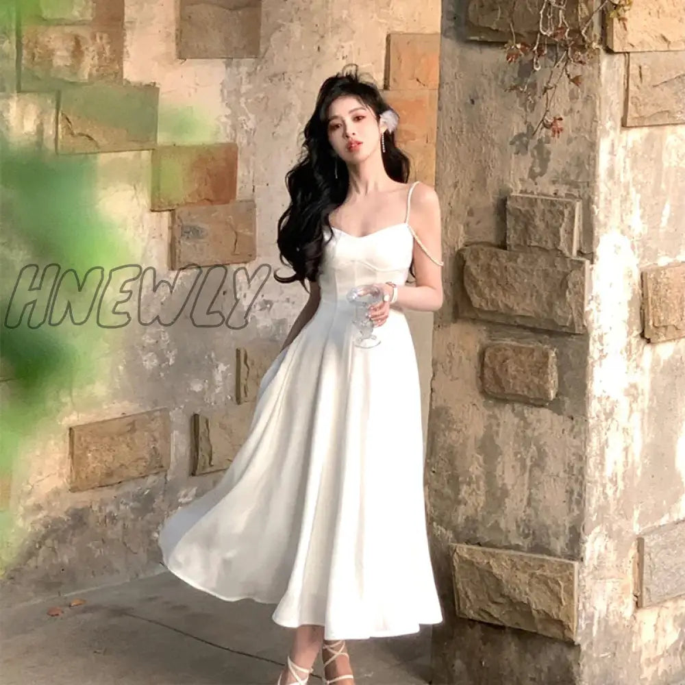 Hnewly White Satin Elegant Party Dresses For Women Summer Sexy V-Neck Birthday Vacation Clothes