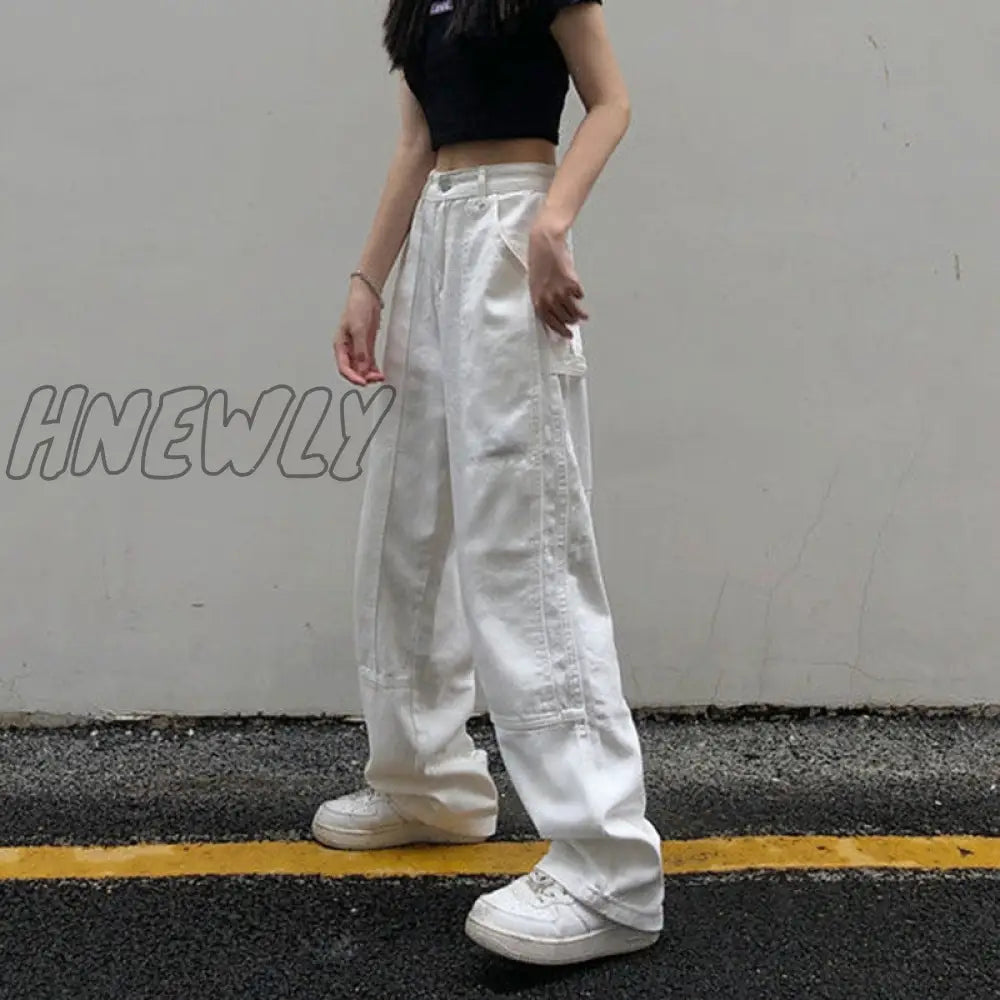 Hnewly White Straight Jeans For Women Autumn New Casual Wide Leg Pants Ladies Streetwear Loose High