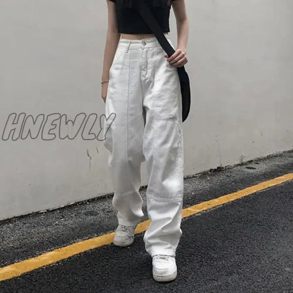 Hnewly White Straight Jeans For Women Autumn New Casual Wide Leg Pants Ladies Streetwear Loose High