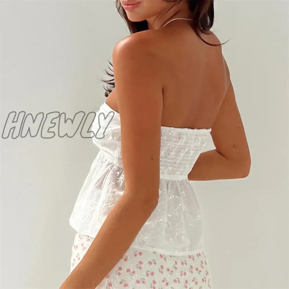 Hnewly White Strapless Top Women Aesthetic Clothing Flower Embroidery Off Shoulder Sleeveless Tanks