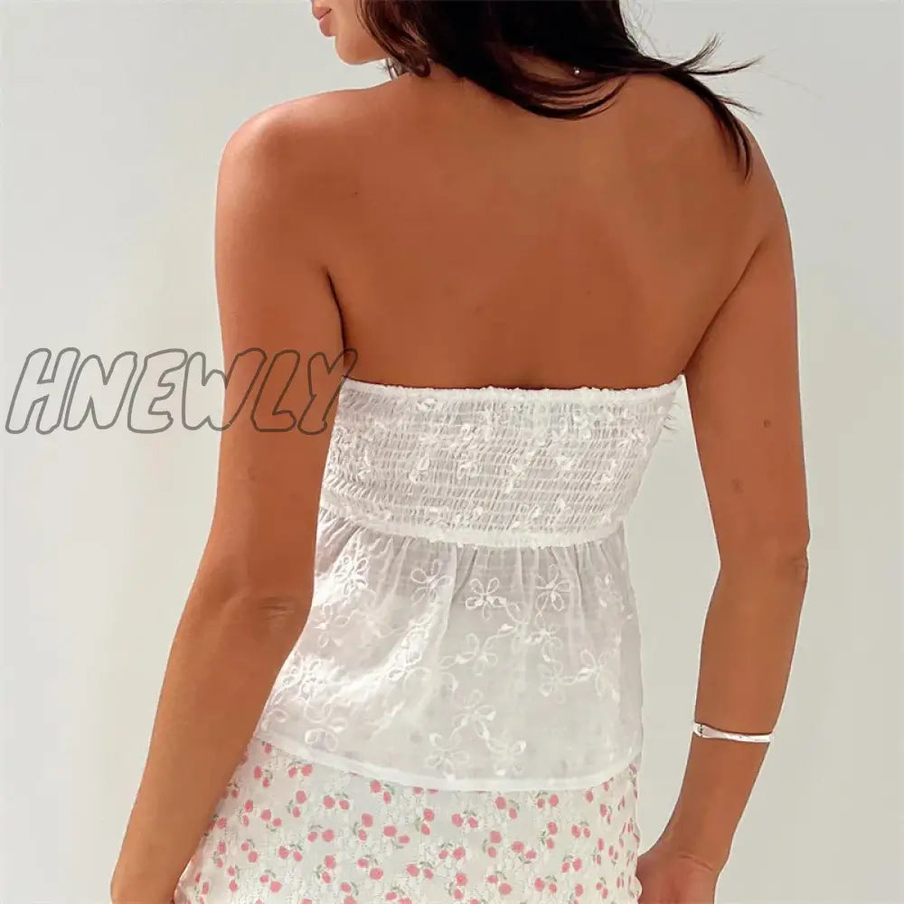 Hnewly White Strapless Top Women Aesthetic Clothing Flower Embroidery Off Shoulder Sleeveless Tanks