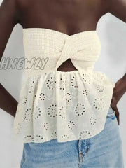Hnewly White Tube Top Knit Twist Crop Women Elegant Lace Mesh Strapless Corset Korean Sexy