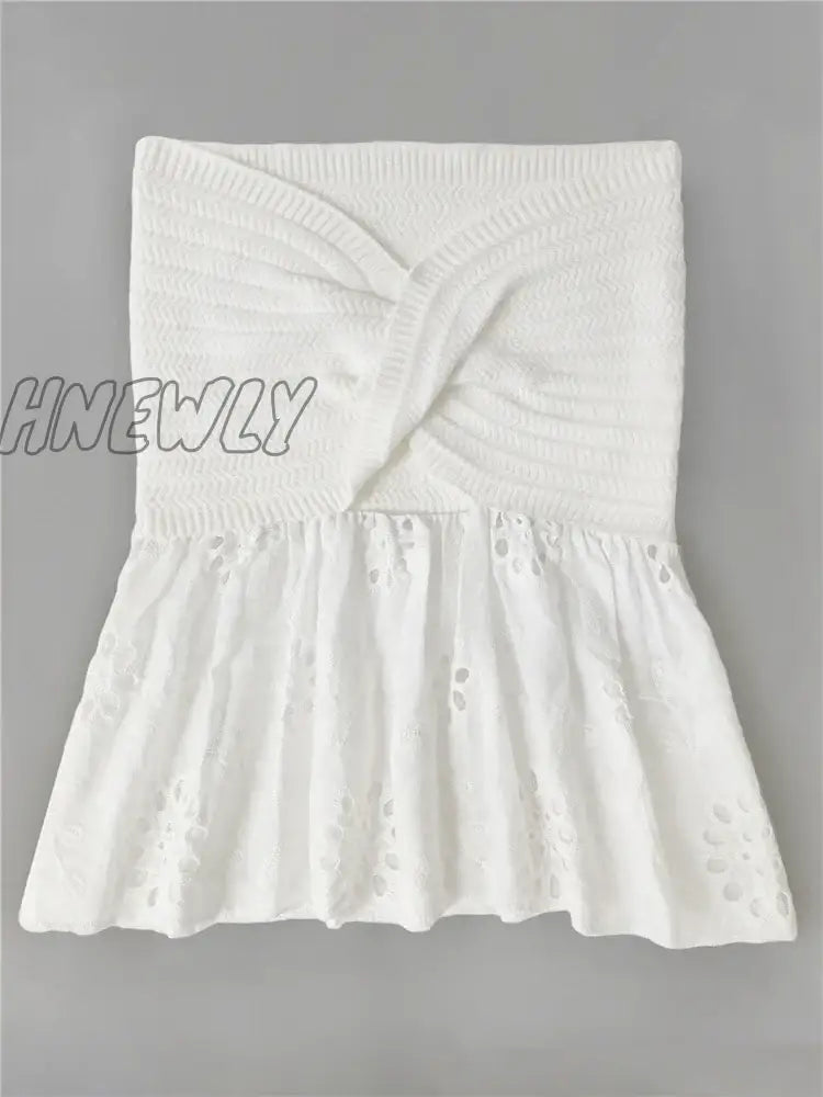 Hnewly White Tube Top Knit Twist Crop Women Elegant Lace Mesh Strapless Corset Korean Sexy