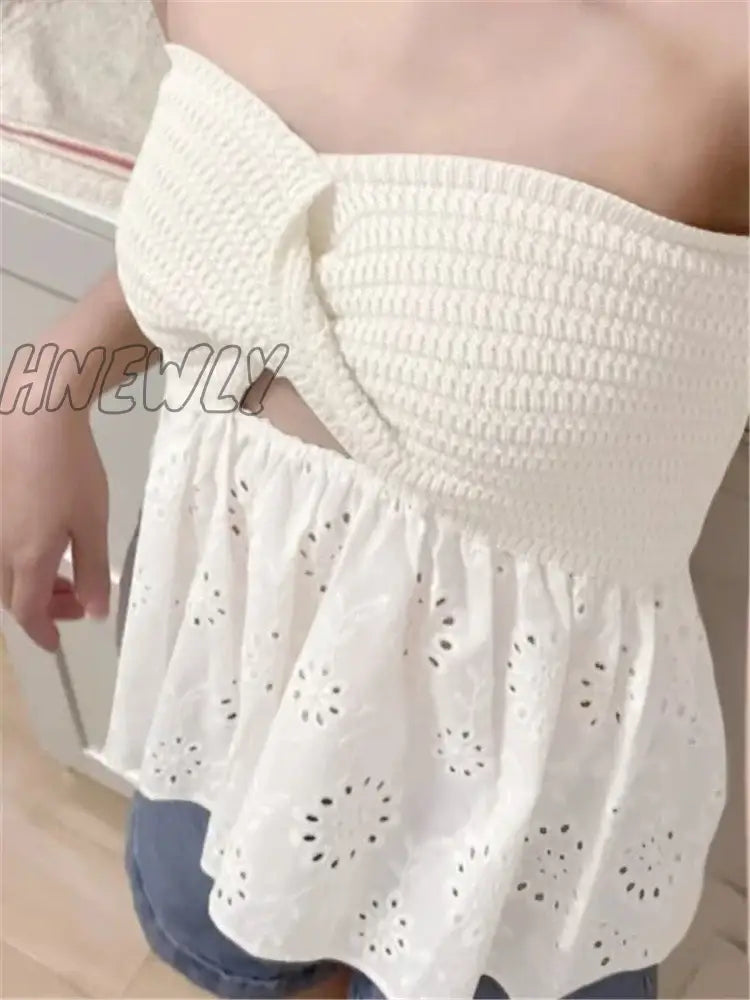 Hnewly White Tube Top Knit Twist Crop Women Elegant Lace Mesh Strapless Corset Korean Sexy
