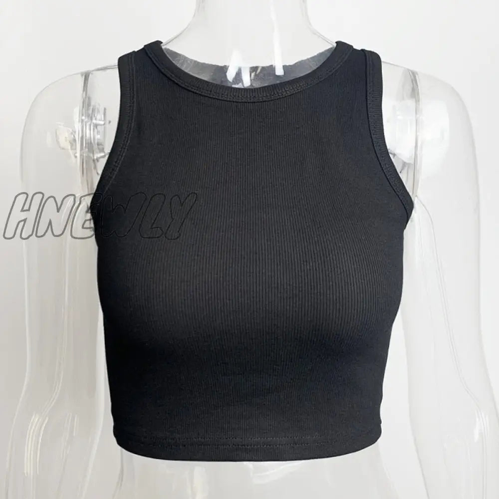 Hnewly White Women Tank Top Sexy Elastic Solid Ribbed O Neck Off Shouled Casual Summer Tops Female