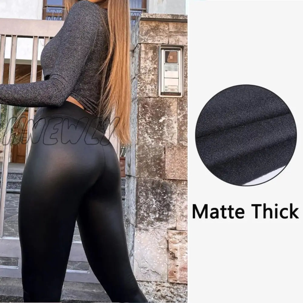 Hnewly Winter Leather Leggings Women Sexy Night Club Hip Lifting Casual Black Pu Pants High Waist