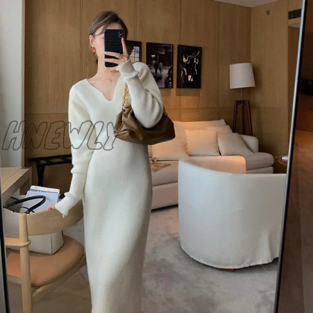 Hnewly Winter Long Knitting Dress Women V - Neck Designer Sleeve Bodycon Korean Office Lady High
