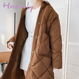 Hnewly Winter New Korean Style Long Cotton - Padded Coat Women’s Casual Stand - Up Collar Argyle