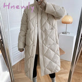 Hnewly Winter New Korean Style Long Cotton - Padded Coat Women’s Casual Stand - Up Collar Argyle