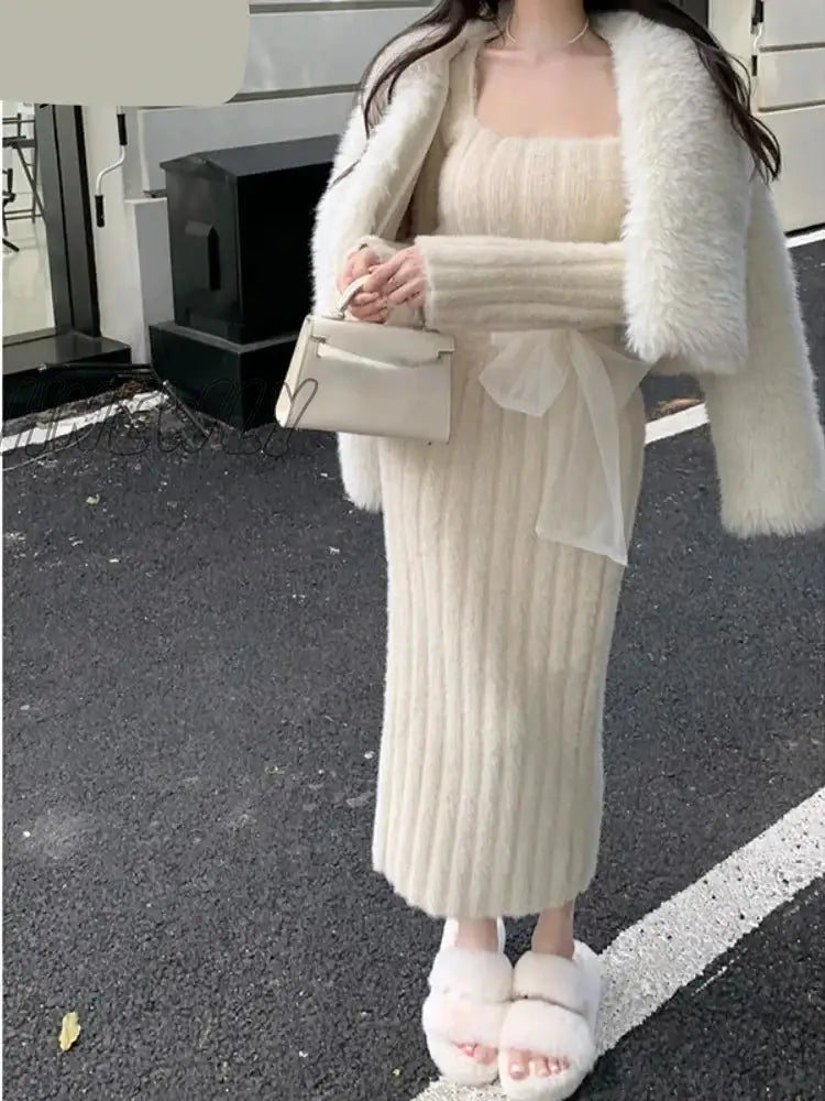 Hnewly Winter Pink Kawaii Y2K Mini Dress Faux Fur Slim Sexy Bodycon Knitted Dresses Women Elegant