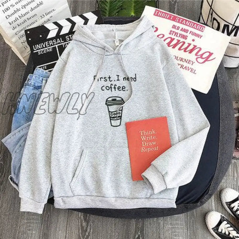 Hnewly Winter Street Style Autumn Women Harajuku Hoodies First I Need Coffee Letter Sweatshirt Long