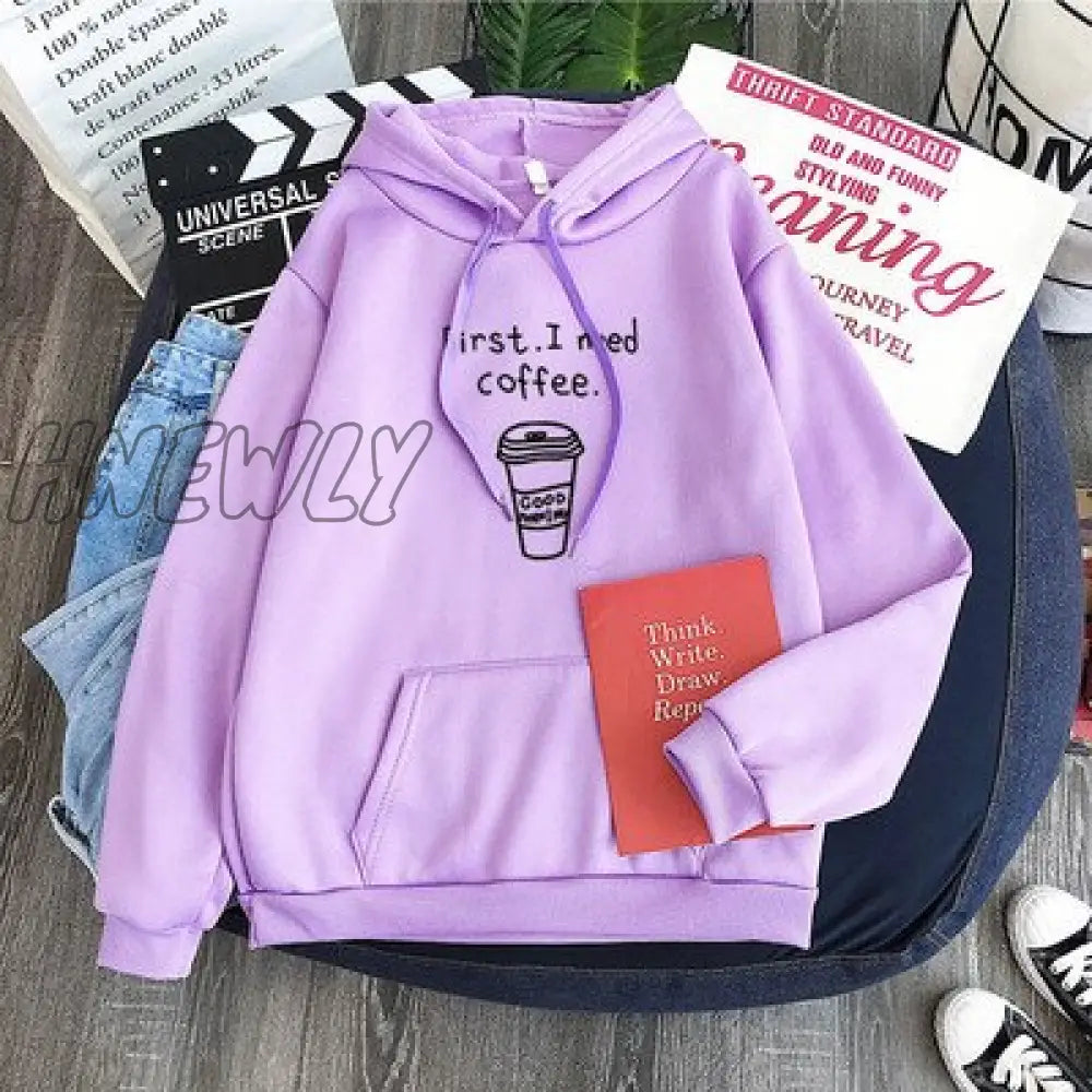 Hnewly Winter Street Style Autumn Women Harajuku Hoodies First I Need Coffee Letter Sweatshirt Long