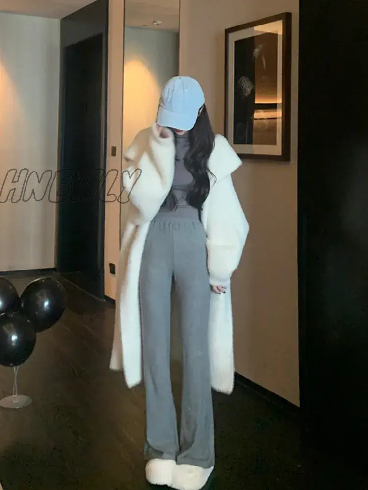 Hnewly Winter Sweater Coats With Hooded Women Pure Color Y2K Clothing Korean Fashion Outwear