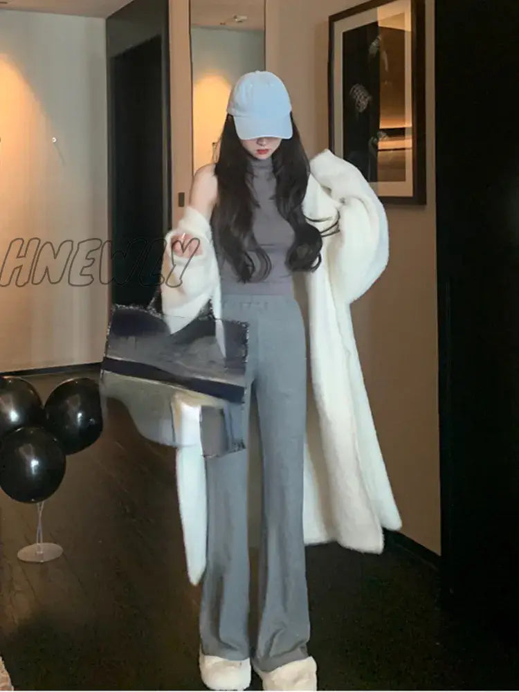 Hnewly Winter Sweater Coats With Hooded Women Pure Color Y2K Clothing Korean Fashion Outwear