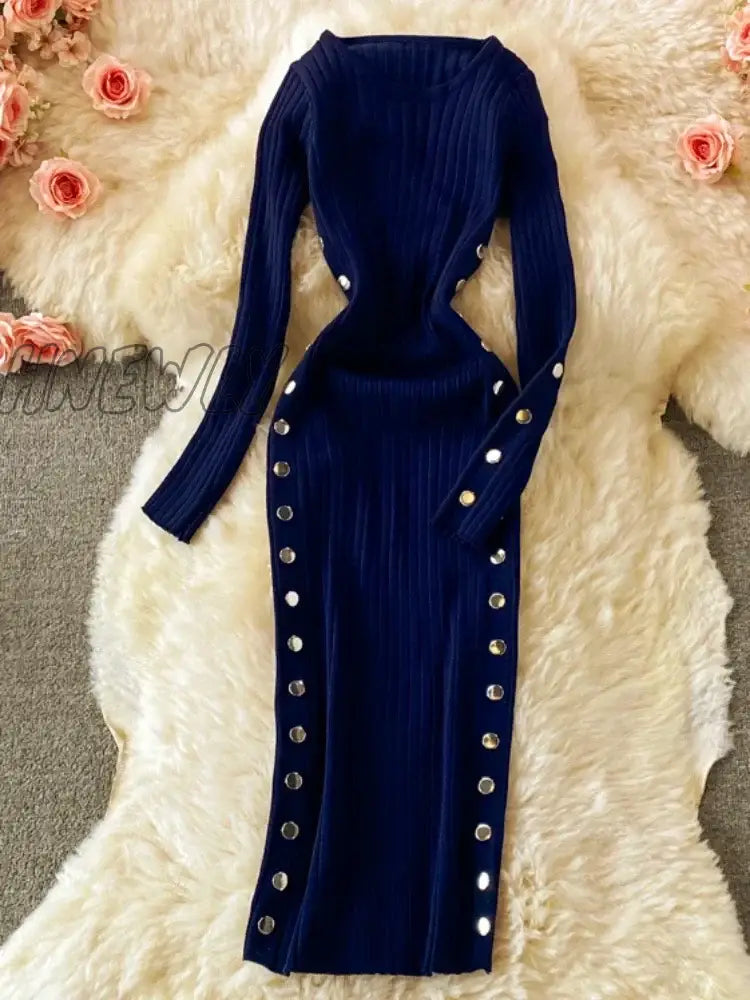 Hnewly Winter Women’s Knitted Sweater Dresses O-Neck Long Sleeve Slim Side Double Row Buckle Hip