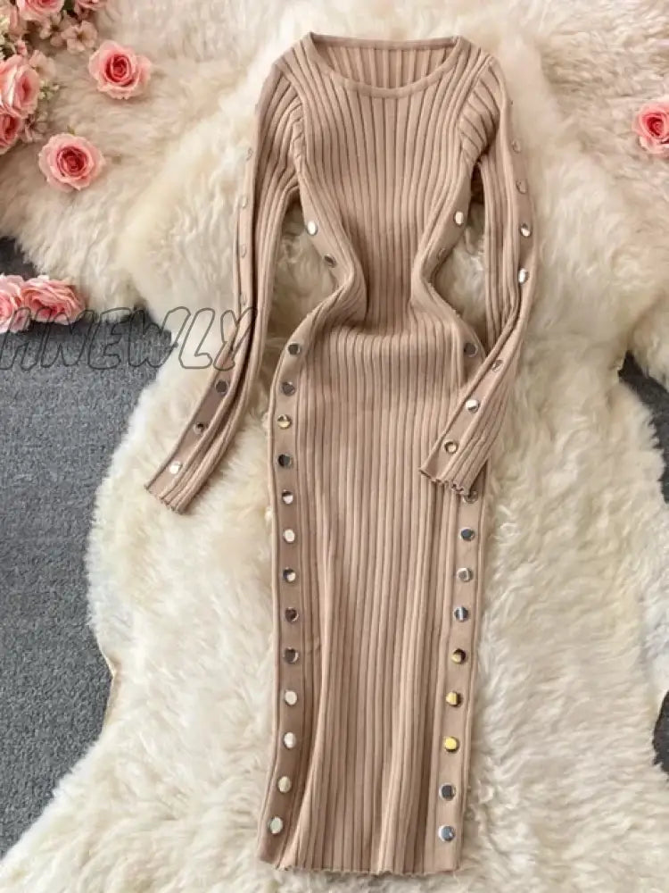 Hnewly Winter Women’s Knitted Sweater Dresses O-Neck Long Sleeve Slim Side Double Row Buckle Hip