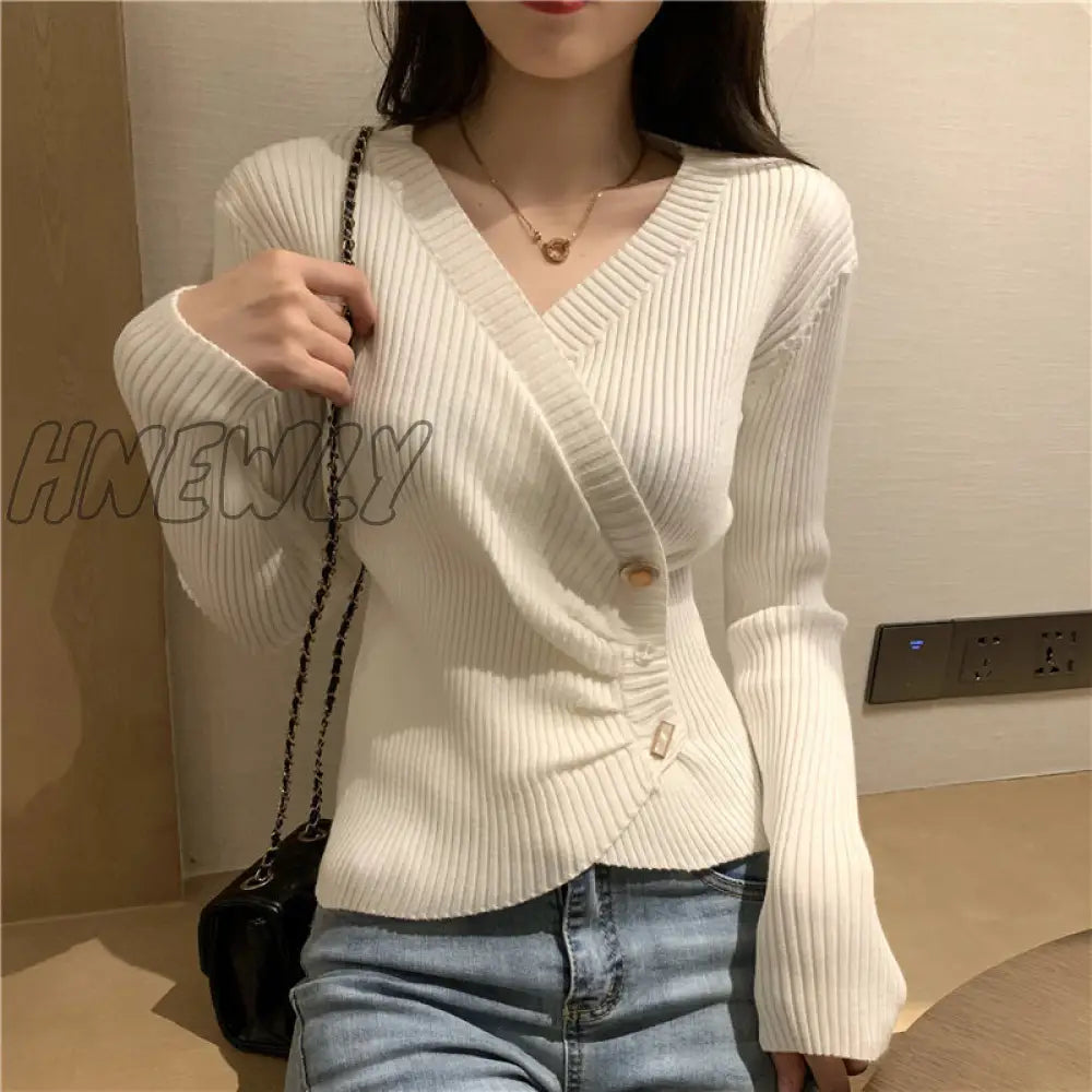 Hnewly Woman Sweaters Femme Chandails Knitted Autumn And Winter Short Top V - Neck Slim Fit Sweater