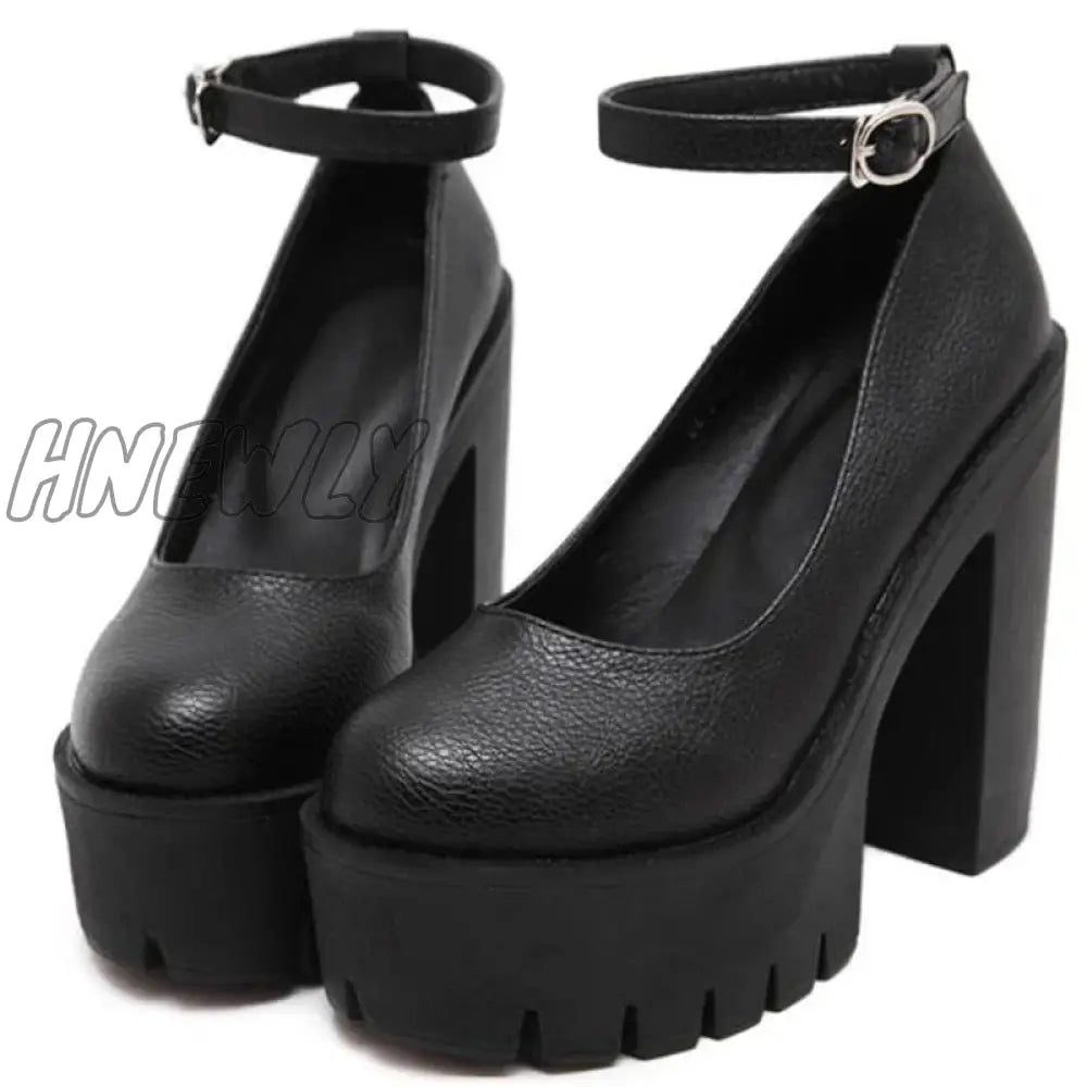 Hnewly Woman Thick High Heels Shoes Ladies Sexy Platform Pumps Gothic Punk Style Ankle Strap Casual