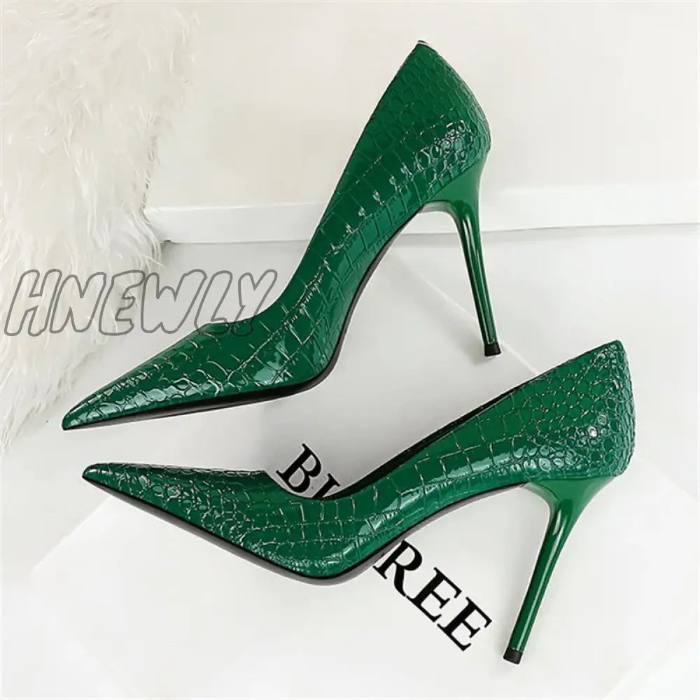 Hnewly Women 10Cm High Heels Stiletto Pumps Pointed Toe Green Nude Office Lady Serpentine Patent